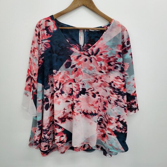 Jennifer Lopez Women 2X Pink Floral Sheer Overlay Blouse V-Neck Asymmetrical Top - Picture 3 of 15